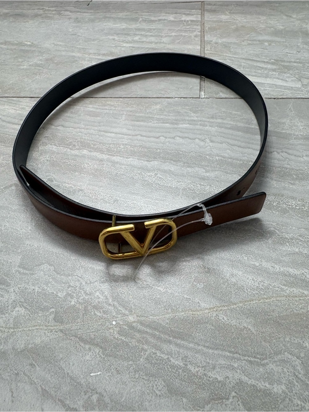 Valentino Brown Leather Belt with Gold V Logo Buckle